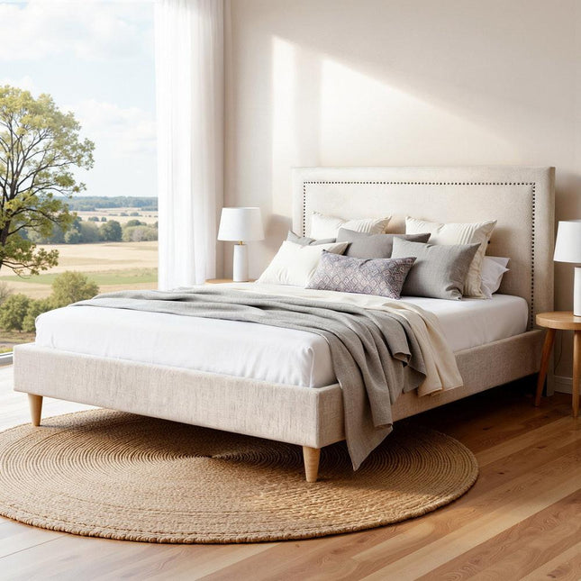 Artiss Queen Bed Frame Platform Bed Base Upholstered Headboard Linen Fabric Beige.