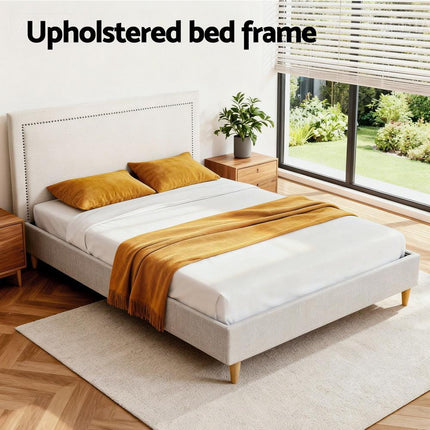 Artiss Queen Bed Frame Platform Bed Base Upholstered Headboard Linen Fabric Beige.