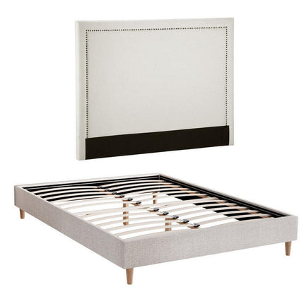 Artiss Queen Bed Frame Platform Bed Base Upholstered Headboard Linen Fabric Beige.