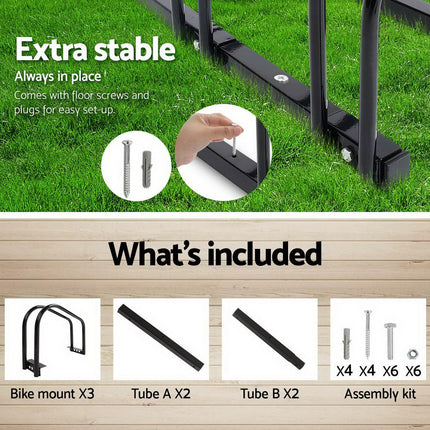 Weisshorn 3 Bike Stand Rack Bicycle Storage Floor Parking Holder Cycling Black.