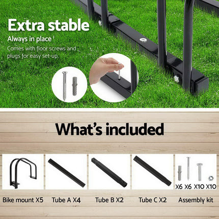 Weisshorn 5 Bike Stand Rack Bicycle Storage Floor Parking Holder Cycling Black.