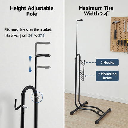 Weisshorn 4-in-1 Bike Parking Stand Vertical Floor Storage Rack for 24"-27.5" Bicycles, Adjustable Height Repair Maintenance Stand, Stable Indoor Garage Space Saver with Non-slip Rubber Feet.