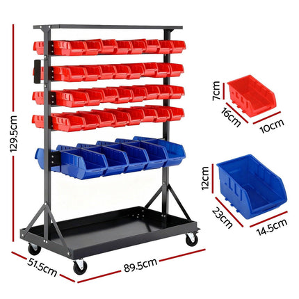 Giantz 74 Bins Storage Rack Double Sided Mobile Garage Workshop Tools Organizer.