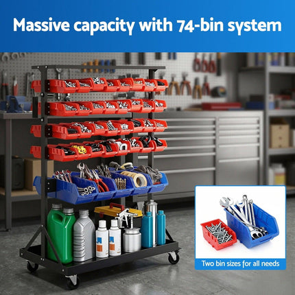 Giantz 74 Bins Storage Rack Double Sided Mobile Garage Workshop Tools Organizer.