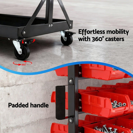 Giantz 74 Bins Storage Rack Double Sided Mobile Garage Workshop Tools Organizer.