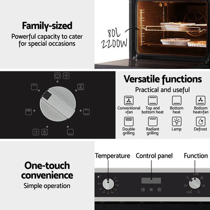 Devanti Electric Built In Wall Oven 80L Convection Grill Ovens Stainless Steel.