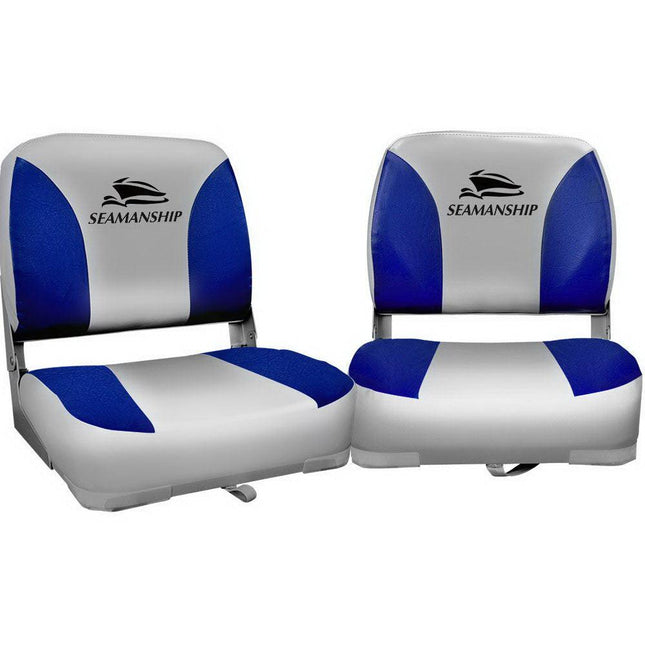 Seamanship 2X Folding Boat Seats Marine Swivel Low Back 13cm Padding Grey Blue.