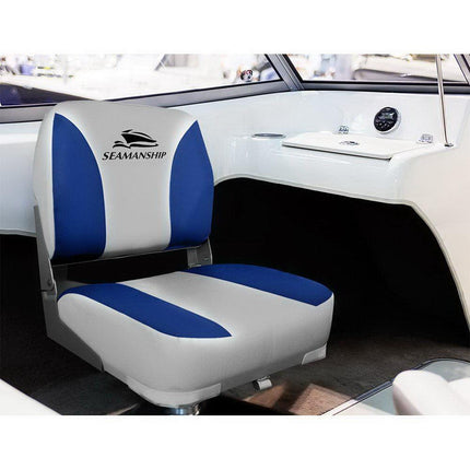Seamanship 2X Folding Boat Seats Marine Swivel Low Back 13cm Padding Grey Blue.