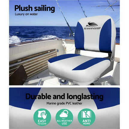 Seamanship 2X Folding Boat Seats Marine Swivel Low Back 13cm Padding Grey Blue.
