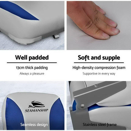 Seamanship 2X Folding Boat Seats Marine Swivel Low Back 13cm Padding Grey Blue.