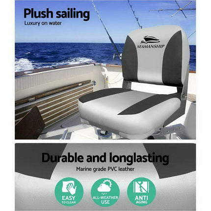 Seamanship 2X Folding Boat Seats Marine Swivel Low Back 13cm Padding Charcoal.