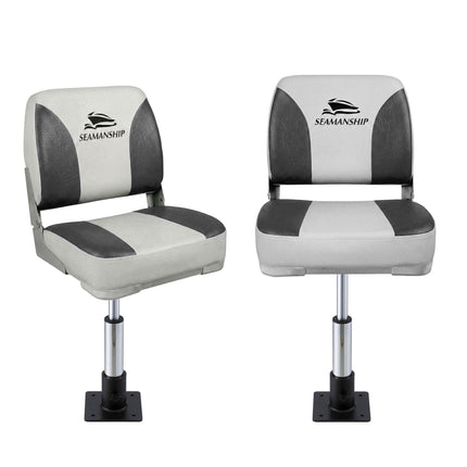 Seamanship 2X Folding Boat Seats with 2X Adjustable Pedestals 34–46cm Marine Swivel Low Back 13cm Padding Charcoal.