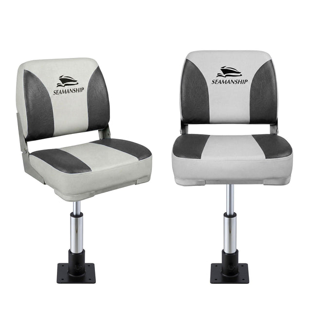 Seamanship 2X Folding Boat Seats with 2X Adjustable Pedestals 34–46cm Marine Swivel Low Back 13cm Padding Charcoal.