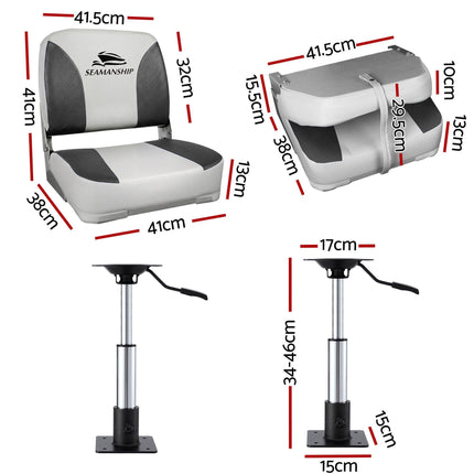 Seamanship 2X Folding Boat Seats with 2X Adjustable Pedestals 34–46cm Marine Swivel Low Back 13cm Padding Charcoal.