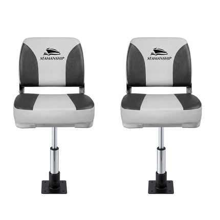 Seamanship 2X Folding Boat Seats with 2X Adjustable Pedestals 34–46cm Marine Swivel Low Back 13cm Padding Charcoal.