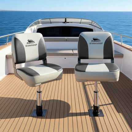 Seamanship 2X Folding Boat Seats with 2X Adjustable Pedestals 34–46cm Marine Swivel Low Back 13cm Padding Charcoal.