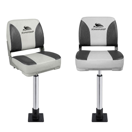 Seamanship 2X Folding Boat Seats with 2X Adjustable Pedestals 55–75cm Marine Swivel Low Back 13cm Padding Charcoal.