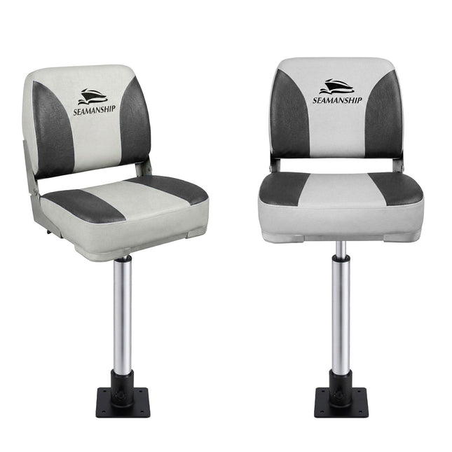 Seamanship 2X Folding Boat Seats with 2X Adjustable Pedestals 55–75cm Marine Swivel Low Back 13cm Padding Charcoal.