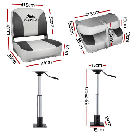 Seamanship 2X Folding Boat Seats with 2X Adjustable Pedestals 55–75cm Marine Swivel Low Back 13cm Padding Charcoal.