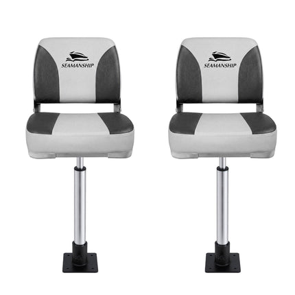 Seamanship 2X Folding Boat Seats with 2X Adjustable Pedestals 55–75cm Marine Swivel Low Back 13cm Padding Charcoal.