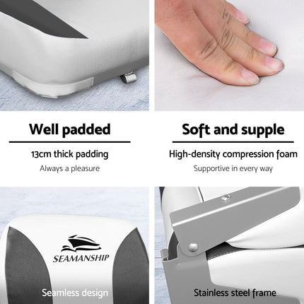 Seamanship 2X Folding Boat Seats with 2X Adjustable Pedestals 55–75cm Marine Swivel Low Back 13cm Padding Charcoal.