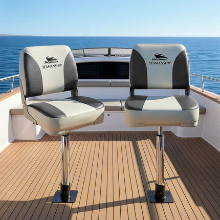 Seamanship 2X Folding Boat Seats with 2X Adjustable Pedestals 55–75cm Marine Swivel Low Back 13cm Padding Charcoal.