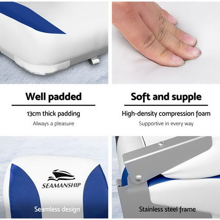Seamanship 2X Folding Boat Seats Marine Swivel Low Back 13cm Padding White Blue.