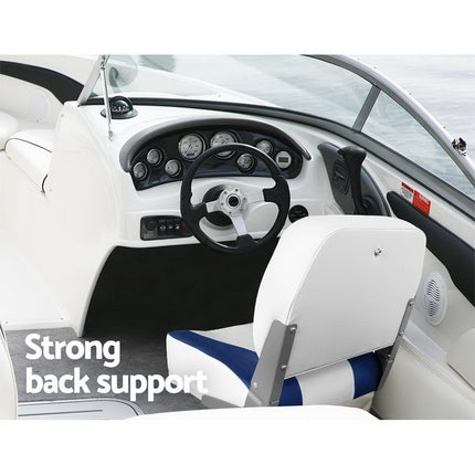 Seamanship 2X Folding Boat Seats Marine Swivel Low Back 13cm Padding White Blue.