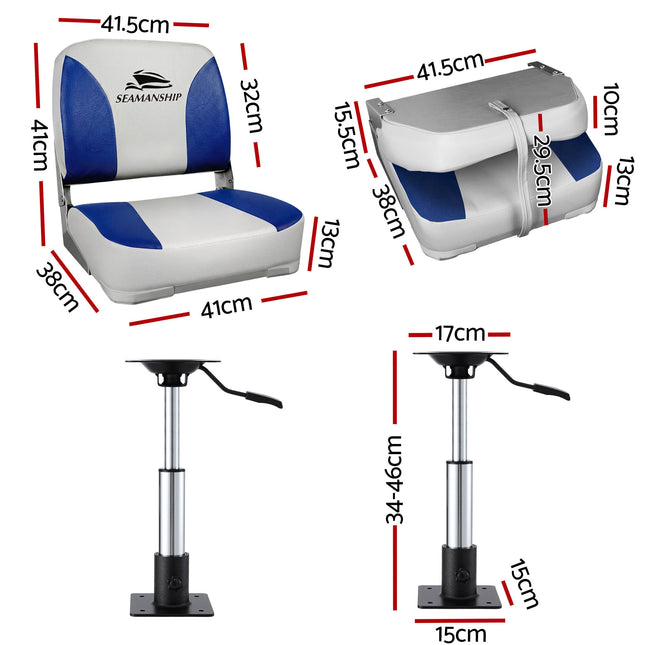 Seamanship 2X Folding Boat Seats with 2X Adjustable Pedestals 34–46cm Marine Swivel Low Back 13cm Padding White Blue.