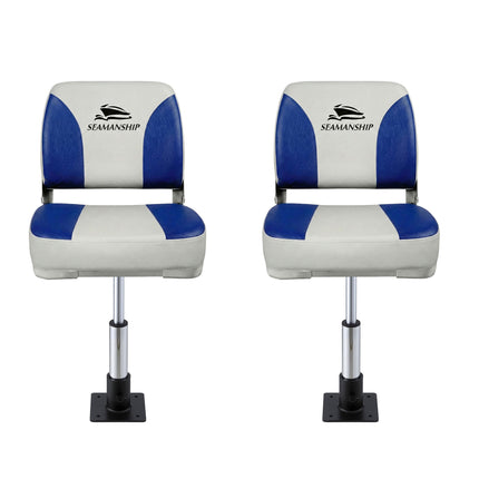 Seamanship 2X Folding Boat Seats with 2X Adjustable Pedestals 34–46cm Marine Swivel Low Back 13cm Padding White Blue.