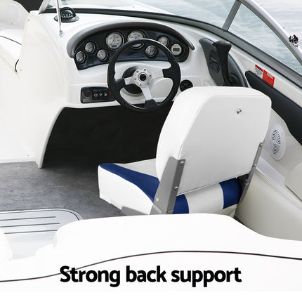 Seamanship 2X Folding Boat Seats with 2X Adjustable Pedestals 34–46cm Marine Swivel Low Back 13cm Padding White Blue.