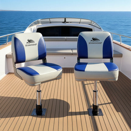 Seamanship 2X Folding Boat Seats with 2X Adjustable Pedestals 34–46cm Marine Swivel Low Back 13cm Padding White Blue.