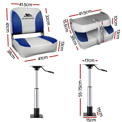 Seamanship 2X Folding Boat Seats with 2X Adjustable Pedestals 55–75cm Marine Swivel Low Back 13cm Padding White Blue.