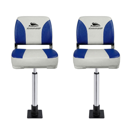 Seamanship 2X Folding Boat Seats with 2X Adjustable Pedestals 55–75cm Marine Swivel Low Back 13cm Padding White Blue.