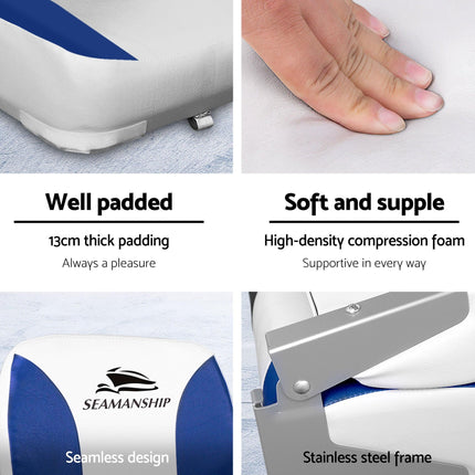 Seamanship 2X Folding Boat Seats with 2X Adjustable Pedestals 55–75cm Marine Swivel Low Back 13cm Padding White Blue.