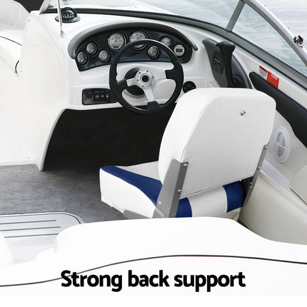 Seamanship 2X Folding Boat Seats with 2X Adjustable Pedestals 55–75cm Marine Swivel Low Back 13cm Padding White Blue.