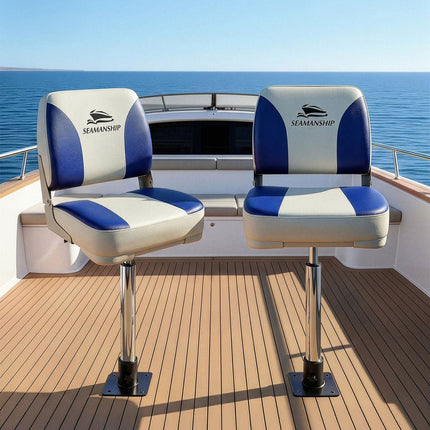 Seamanship 2X Folding Boat Seats with 2X Adjustable Pedestals 55–75cm Marine Swivel Low Back 13cm Padding White Blue.