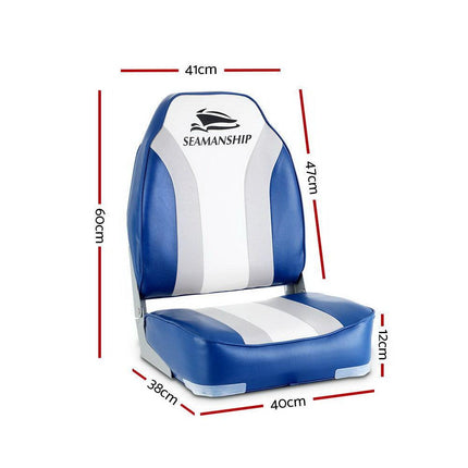 Seamanship 2X Folding Boat Seats Marine Seat Swivel High Back 12cm Padding Blue.