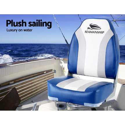 Seamanship 2X Folding Boat Seats Marine Seat Swivel High Back 12cm Padding Blue.