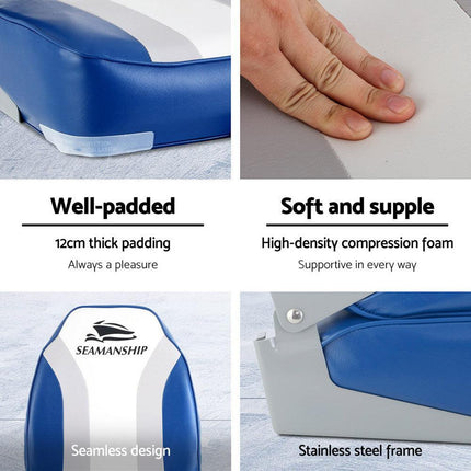Seamanship 2X Folding Boat Seats Marine Seat Swivel High Back 12cm Padding Blue.