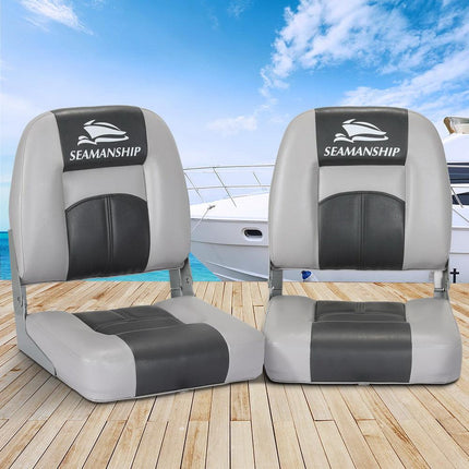 Seamanship 2X Folding Boat Seats Marine Swivel Low Back 10cm Padding Charcoal.