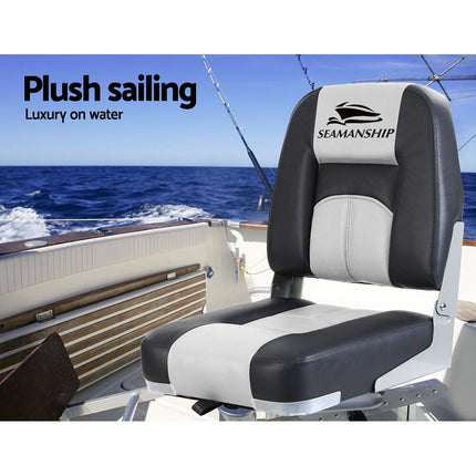 Seamanship 2X Folding Boat Seats Marine Seat Swivel Low Back 10cm Padding Grey.