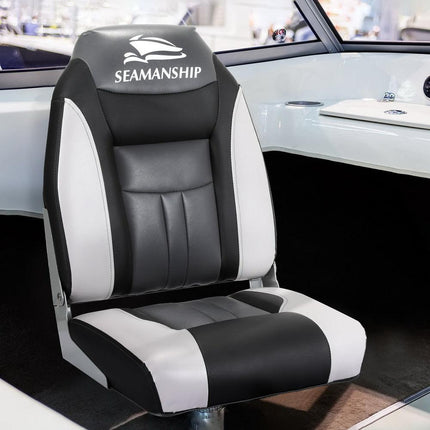 Seamanship 2X Folding Boat Seats Marine Seat Swivel High Back 12cm Padding Black.