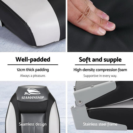 Seamanship 2X Folding Boat Seats Marine Seat Swivel High Back 12cm Padding Black.