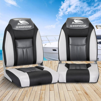 Seamanship 2X Folding Boat Seats Marine Seat Swivel High Back 12cm Padding Black.