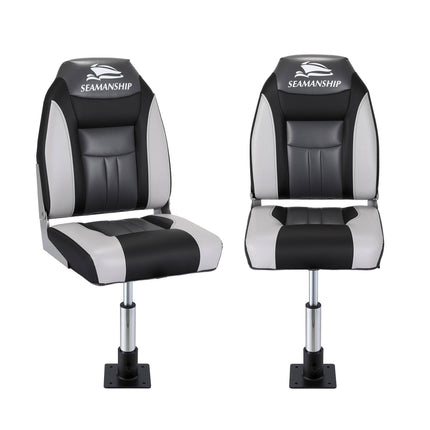 Seamanship 2X Folding Boat Seats with 2X Adjustable Pedestals 34–46cm Marine Seat Swivel High Back 12cm Padding Black.