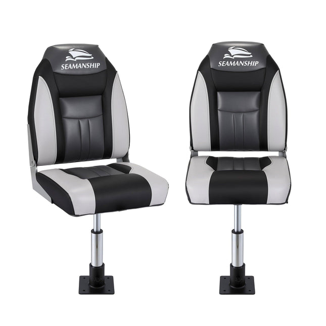 Seamanship 2X Folding Boat Seats with 2X Adjustable Pedestals 34–46cm Marine Seat Swivel High Back 12cm Padding Black.