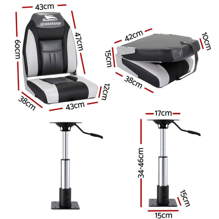 Seamanship 2X Folding Boat Seats with 2X Adjustable Pedestals 34–46cm Marine Seat Swivel High Back 12cm Padding Black.