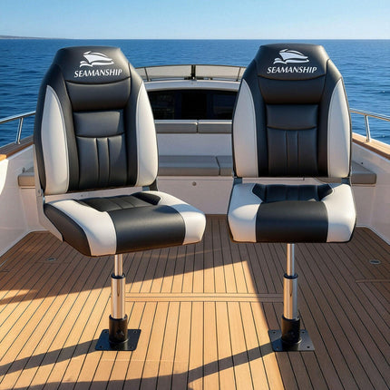 Seamanship 2X Folding Boat Seats with 2X Adjustable Pedestals 34–46cm Marine Seat Swivel High Back 12cm Padding Black.