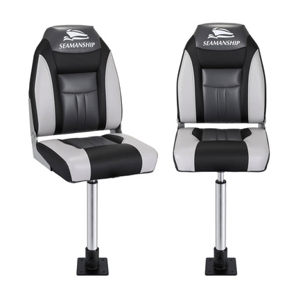 Seamanship 2X Folding Boat Seats with 2X Adjustable Pedestals 55–75cm Marine Seat Swivel High Back 12cm Padding Black.